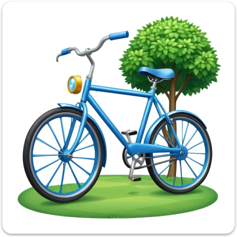blue bicycle emoji in front of a sunny park with green grass, playful and bright sticker