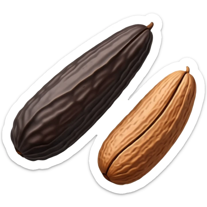 single or small cluster of Tonka beans with wrinkled, elongated almond-like shapes, deep brown to black color, textured slightly glossy surface with visible ridges and curved natural form, soft lighting, subtle shadows, emoji scale sticker