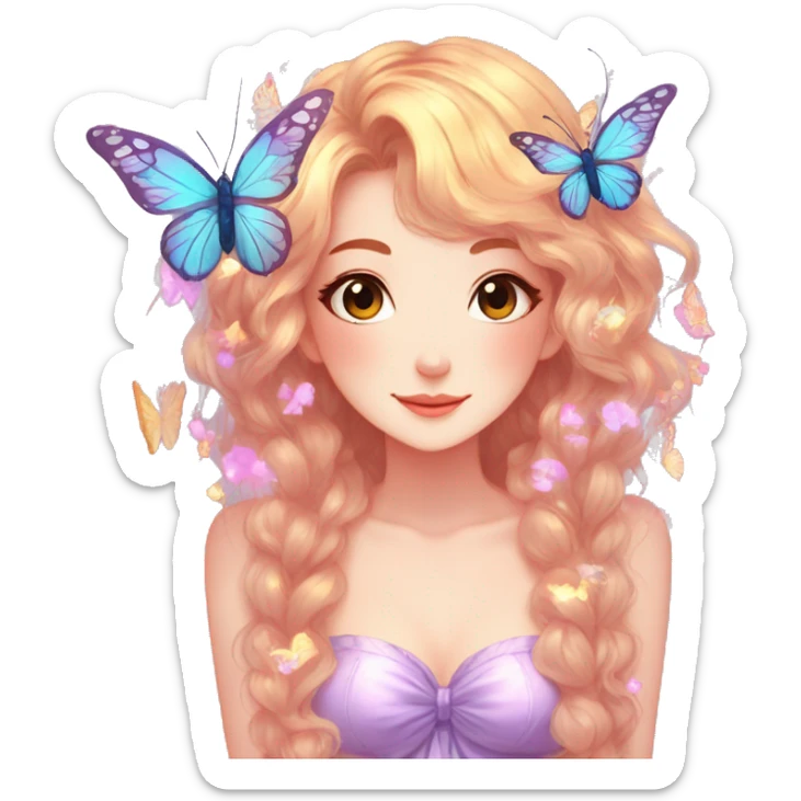 gorgeous shiny anime lady with butterflies and beautiful hair fairycore cottagecore high quality detailed sticker