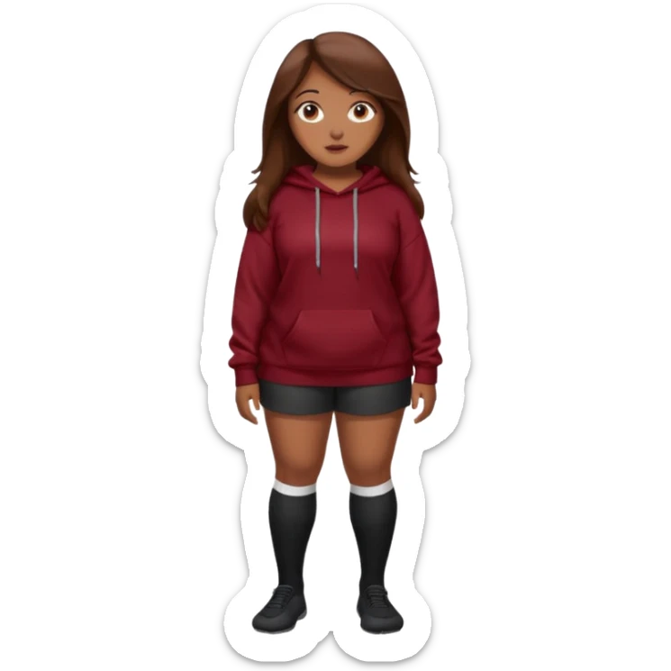 Curvy pretty brown girl with long brown hair, wearing a dark deep red sweatshirt with tall black socks sticker