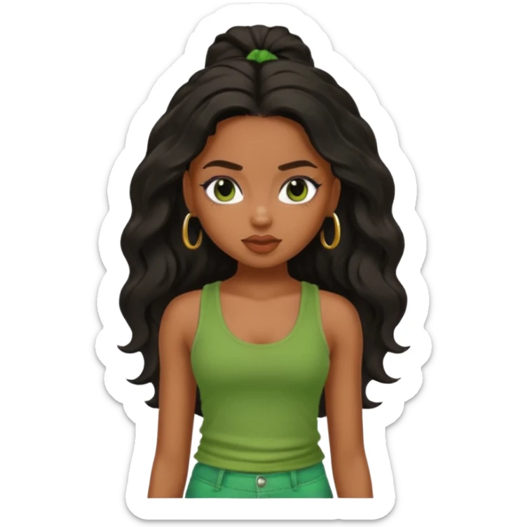 a pretty bratz brown girl with long wavy black color hair and green tank top on sticker