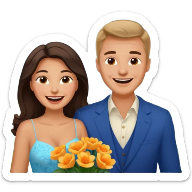 Couple  laughing traveling russian man and elegant  Latina girl delicate flowers and mountains in the background  sticker