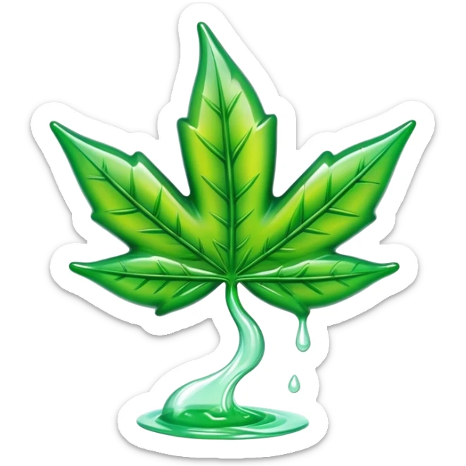 glossy green gusher gummy in the shape of a weed leaf with a bite taken out and liquid center visible sticker
