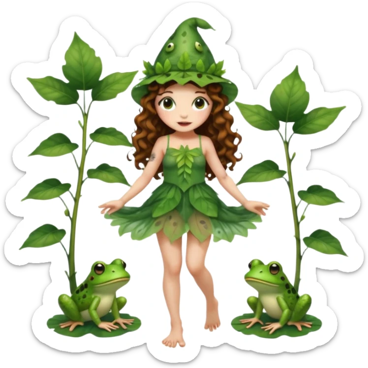 full body woman long curly brown hair brown eyes white skin tattoos wearing cute frog hat and sheer leaf dress, barefoot, flirty forest fairy pose sticker