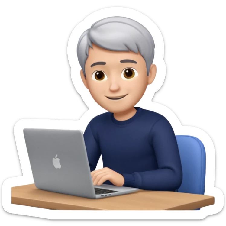 3D Memoji of the man from the photo, short salt-and-pepper hair, dark navy sweater, sitting with a silver laptop, Pixar style, white background, professional smile sticker