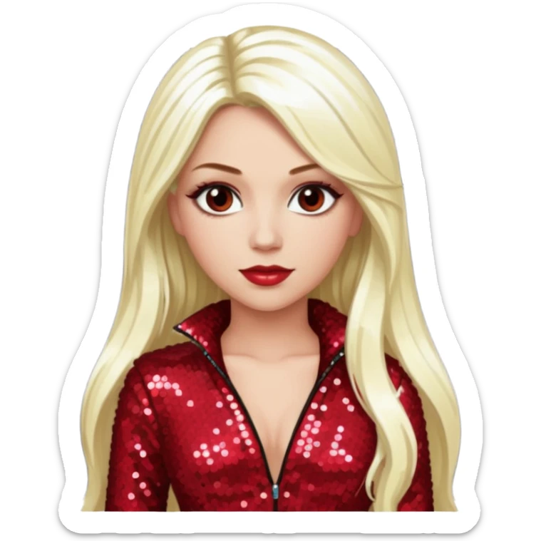 Tiffany Valentine with long platinum blonde hair, dark red sequin outfit sticker