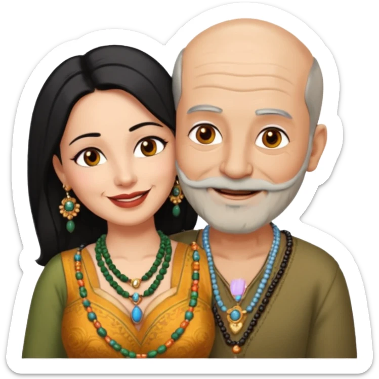 I want an old man with balding and grey beard  wearing no jewelery and a woman in her 40s with dark black hair parted in indian woman style wearing a beads chain  with the cleavage of the woman visible in a passionate embrace, both must be blissfully smiling sticker