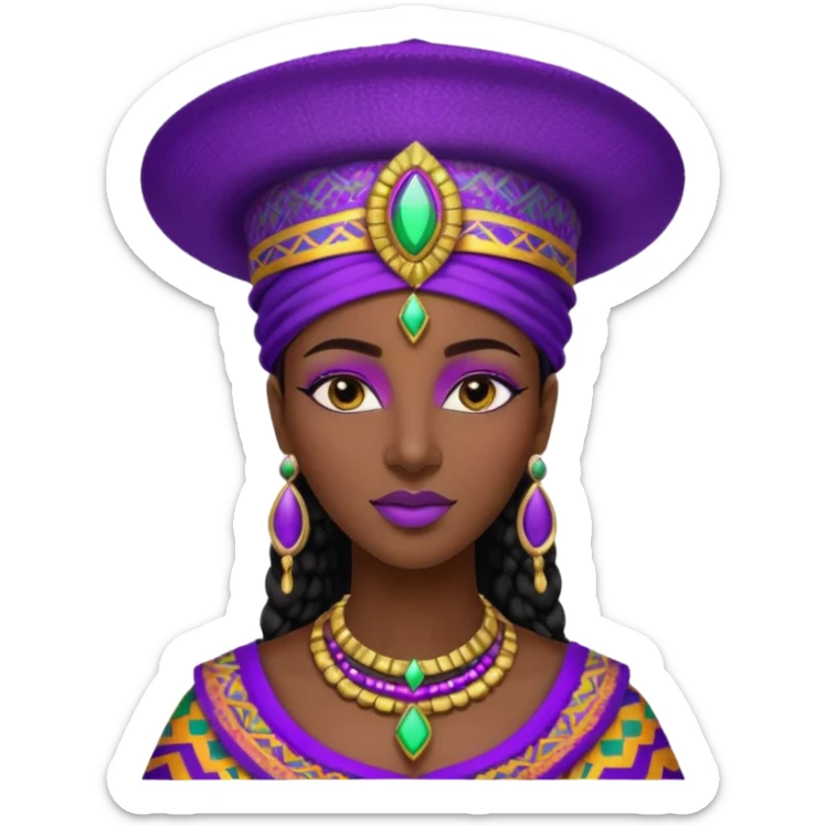 Create me an emoji of a beautiful Ethiopian Queen of Sheba wearing a neon purple gradient African patterns with metallic "isicholo" (a Zulu-inspired hat).  sticker