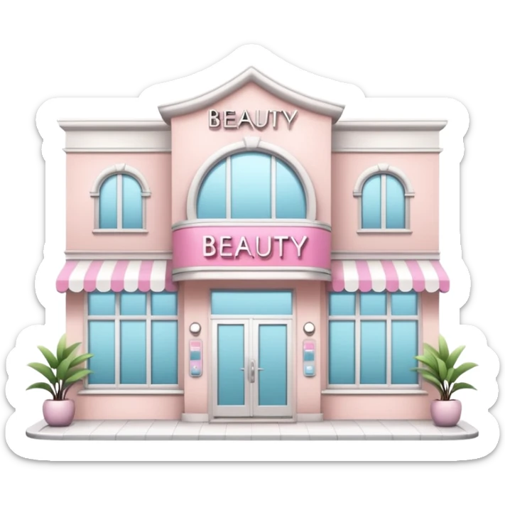 Modern beauty salon building with a stylish illuminated sign that says BEAUTY SALON on the front. Elegant exterior design, large clean windows, soft pastel colors, minimalistic decorations, welcoming atmosphere, daytime, high-quality detailed render sticker