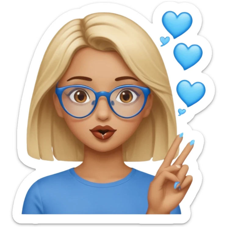 Asthectic Blonde women with brown eyes, blue glasses, waering a brown top, blowing a kiss with hearts around her. sticker