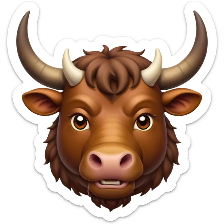 Cinematic Noble Domestic Ox Portrait Emoji, Poised and stalwart, with a massive, muscular build and a thick, smooth hide in deep earthy tones, prominent, curved horns, and steady, soulful eyes, Simplified yet sharp and sophisticated features, highly detailed, glowing with a warm, dignified glow, high shine, intelligent and dependable, stylized with an air of timeless strength, focused and attentive, soft glowing outline, capturing the essence of a watchful and confident ox that feels as though it could plod out of the screen with effortless authority! sticker