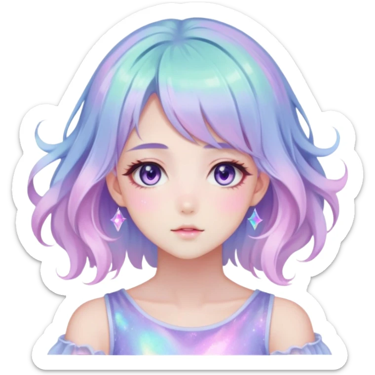 Beautiful gorgeous anime lady with beautiful iridescent-pastel-nebula-hair, fashion aesthetic, ethereal, fairycore, pastelcore sticker