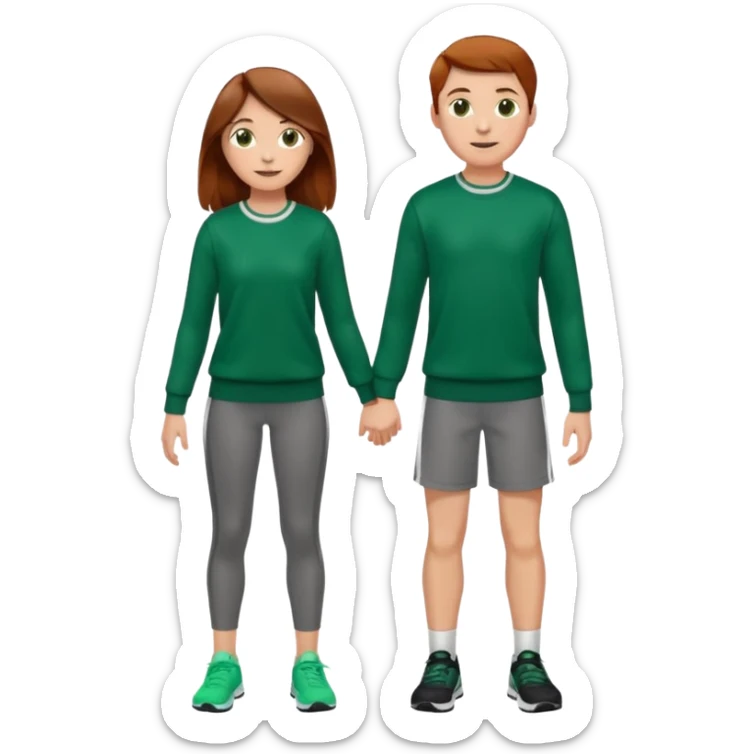 full-length happy couple, girl with long brown hair and hazel eyes in green sweater, boy with auburn hair in sportswear sticker