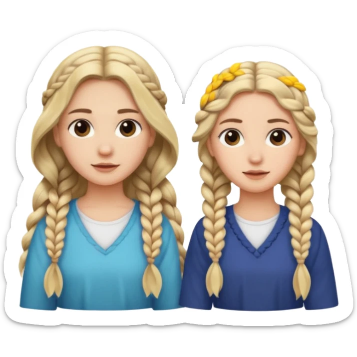 Sister with long wavy loose flowing blonde hair and  sister with DARK BROWN HAIR WITH ONE BRAID on one side.   sticker