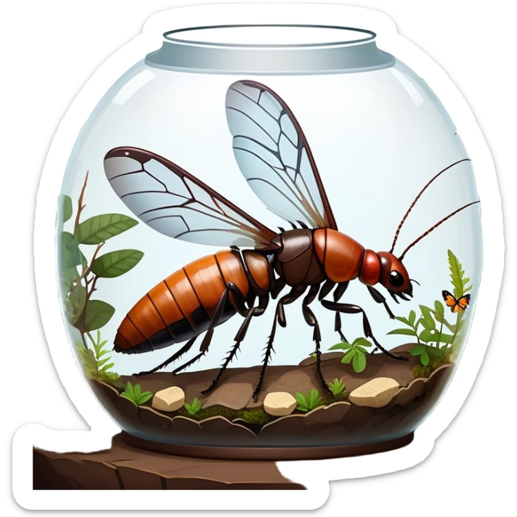 Close-up of giant Madagascar hissing cockroaches, butterflies, and stick insects inside a terrarium, with detailed textures of their bodies, wings, and legs. Soft lighting highlights their features. Transparent background. sticker