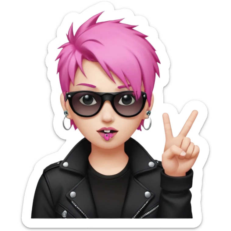 A pink haired punk flipping the bird and mouthing the f sound with black clothes and a pair of black sunglasses and piercings  sticker