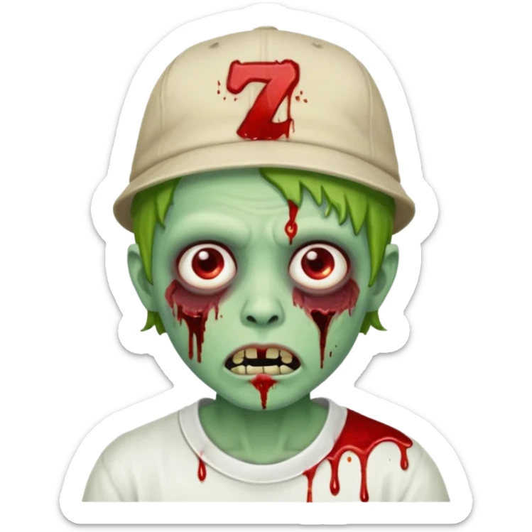 green zombie with blood on lower eyelid, wearing LA hat, white shirt, blood on mouth sticker