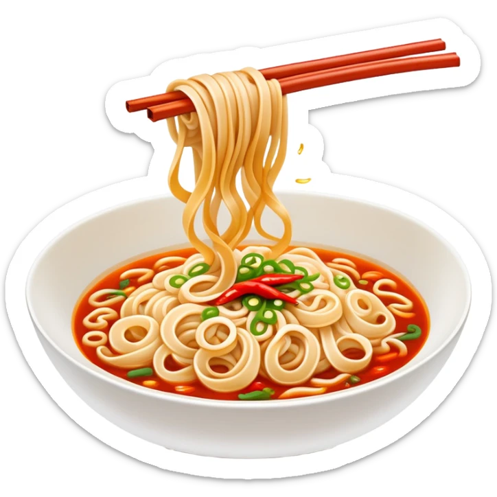 Shaanxi Biangbiang extra-wide belt noodles, simplified emoji style with bold outlines and bright colors, cartoon style thick long noodle sticker