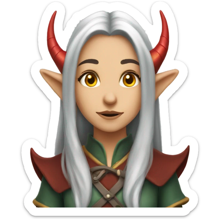 A young female elf with long gray hair, yellow eyes and red dragon horns sticker