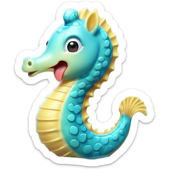 Cinematic Cute Yawning Sea Horse Portrait Emoji, Head tilted slightly with a dramatic, wide-open yawn, showcasing a slender, gracefully curved body with a softly drooping tail and sleepy, half-closed eyes, Simplified yet irresistibly adorable features, highly detailed, glowing with a soft, cozy aquatic glow, high shine, relaxed yet expressive, stylized with a dash of whimsical marine charm, soft glowing outline, capturing the essence of a drowsy yet affectionate sea horse that appears ready to stretch out for a nap! sticker