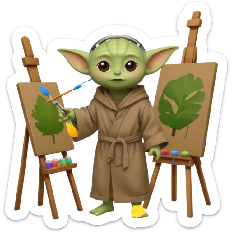 A full-body image of Baby Yoda in his brown linen robe with headphones in his ears, painting a picture on an easel and surrounded by paint pots. sticker