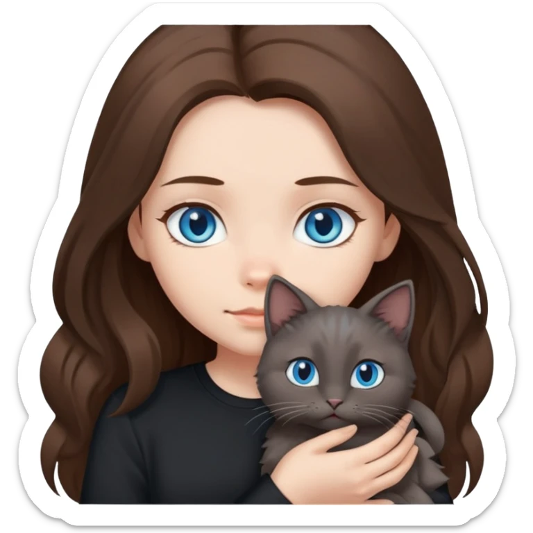 Girl with blue eyes and long brown hair and black shirt, holding a medium fluffy grey cat with folded ears sticker