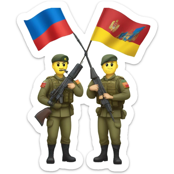 a soldier who holds the Russian flag in one hand and the Ukrainian flag in the other sticker