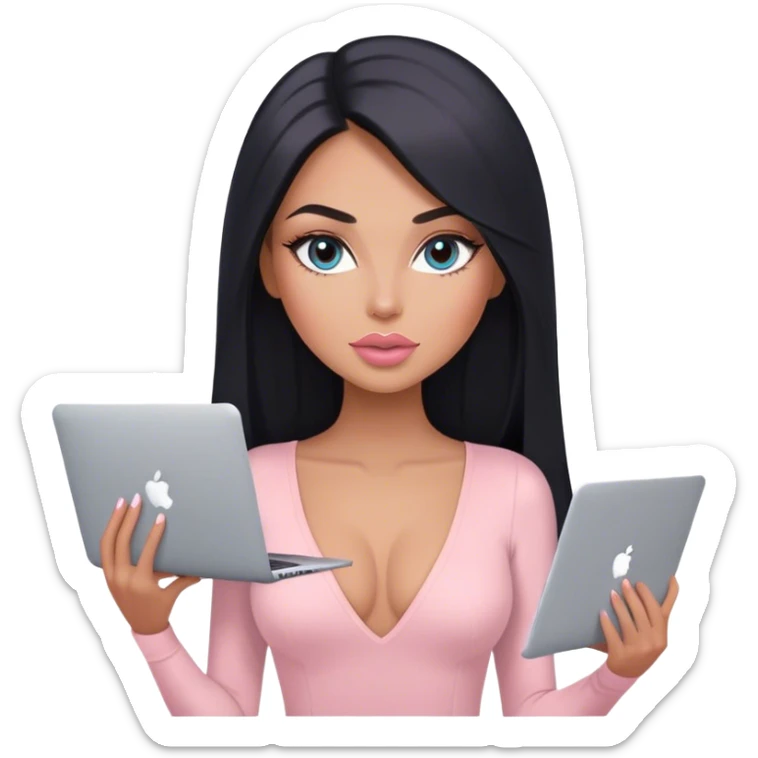 Glamours, tanned, very beautiful girl, with big pump peach-beige-rose lips, long lashes, black straight smooth silky long hair, straight parting hair, blue-grey eyes, in light-pink v-neck bodysuit holding MacBook sticker