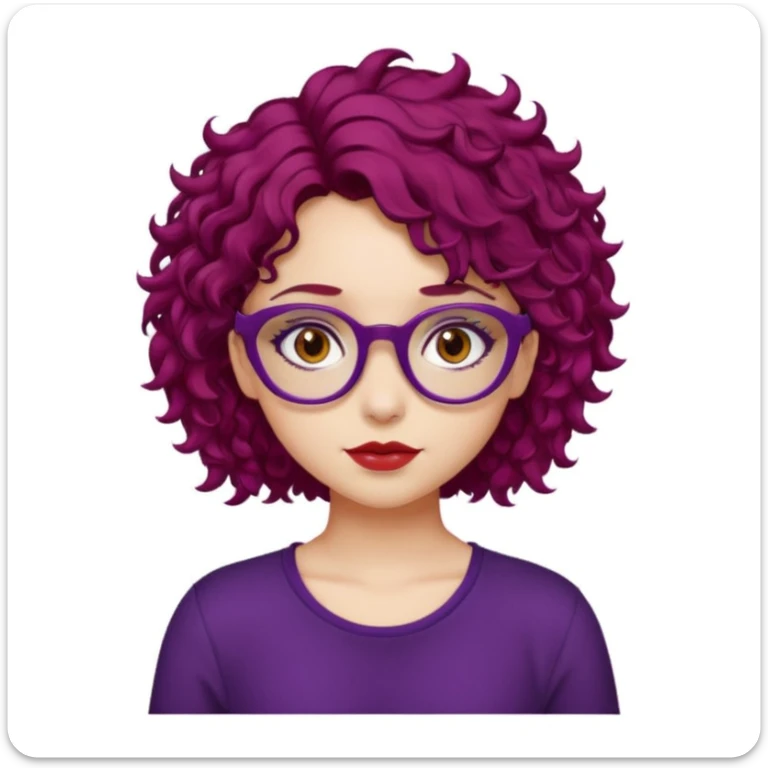 girl, almond brown eyes, red rectangle glasses, curly mid-short hair, deep purple hair, red top, casual-goth sticker