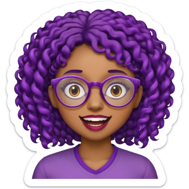 nerd emoji like with glasses showing only her 2 buck teeth but it’s a black girl with purple black curly hair face up only sticker