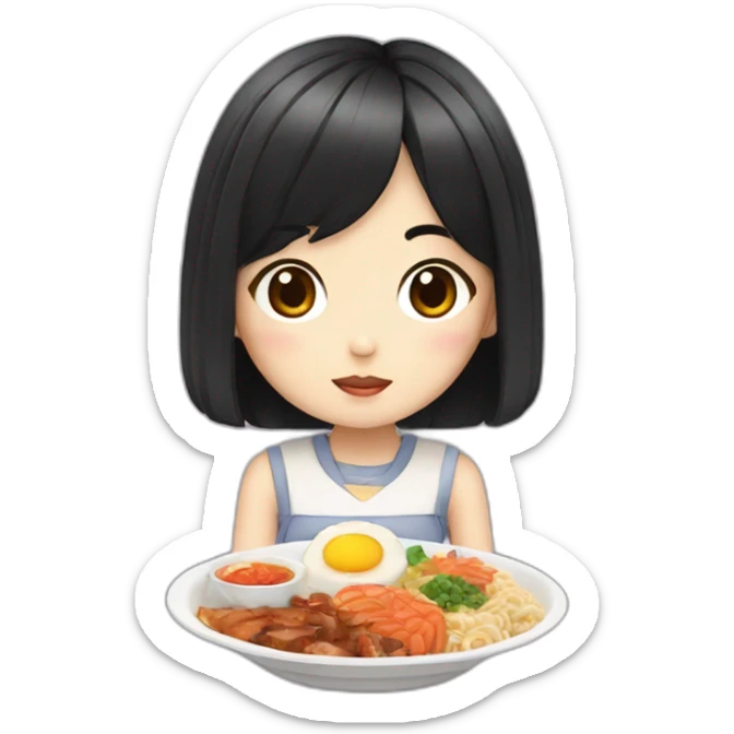 a girl with a black square hairstyle sits and eats Korean onigiriKorean goodies sticker