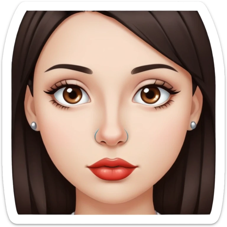 young european woman with dark brown hair and eyes wearing lip and nose piercing sticker