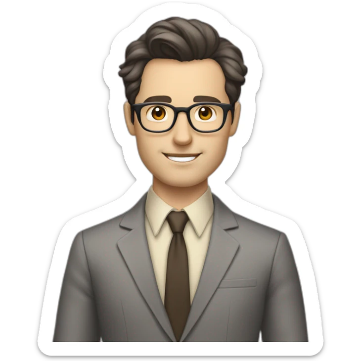 Full height Pale skinned Fit Man With dark brown hair in classic gray suit, beige office shirt, dark gray tie, and vintage glasses. His hands lock sticker