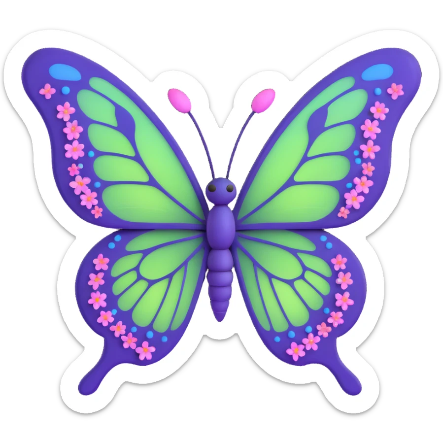 magical butterfly with glowing #c0ff53 green wings, purple edges, fine vein details, surrounded by sparkling dust and floating magical particles, deep blue body, pink flowers on the wings, 3D cartoon, elegant, fantastical sticker