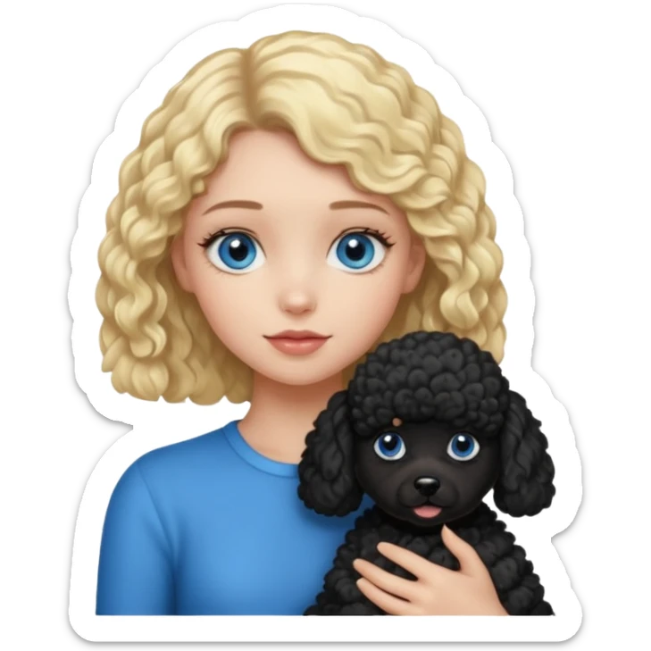 blonde girl with blue eyes holding black puppy poodle sticker