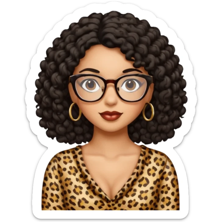 A women who wears glasses with a black curly hair, in a leopard print dress sweetheart neckline  sticker