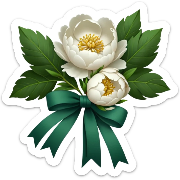 white peonies tied with a dark green ribbon, minimalism, iOS emoji style, no faces or smileys sticker