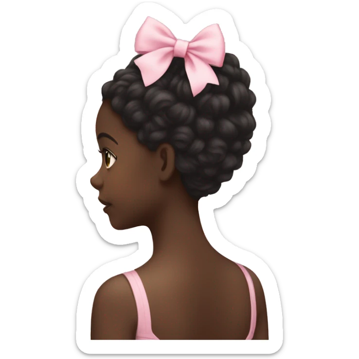 back profile of a black girl with long curly hair with a light pink bow in the back of her hair sticker