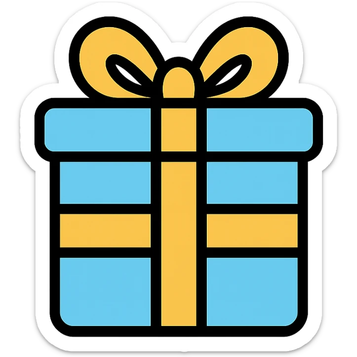 color outline icon of a light blue gift box with yellow ribbon sticker