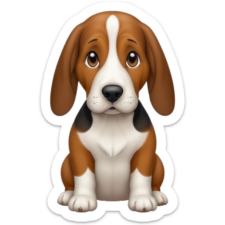 Basset hound with smaller ears, brown face black nose and black ears. White belly chest and feet sticker