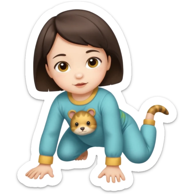 short brunette hair baby crawling on the floor with cute animal symbol clothes sticker