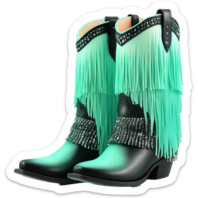 Realistic pastel mint green to black ombre pair of fashion cowgirl boots with sparkly shiny glitter fringe on them. sticker