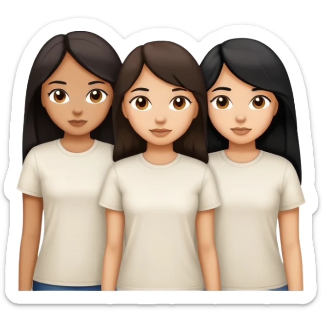 Three sisters, light skin with long dark brown hair, tan skin long black hair, tan skin dark brown short hair, white tee sticker