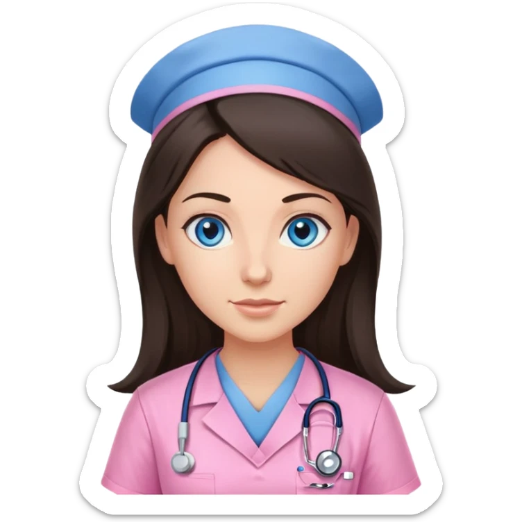 Female nurse, Very long dark brunette hair, blue eyes, light-medium skin, skin, pink scrubs, WITH NO HAT sticker