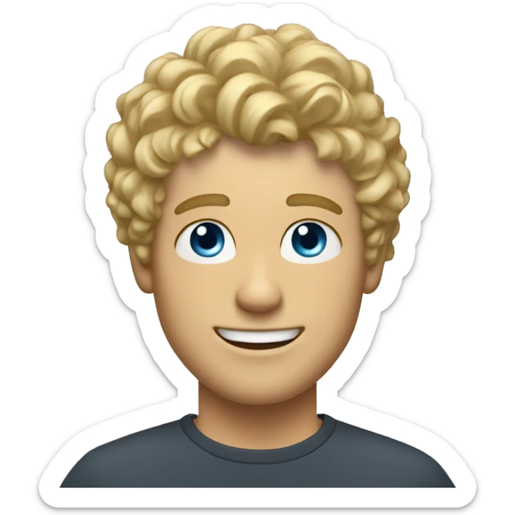 A TOK emoji of a blonde man with messy, curly bangs and short hair on the sides, smiling and without glasses, with blue eyes, without a mustache sticker