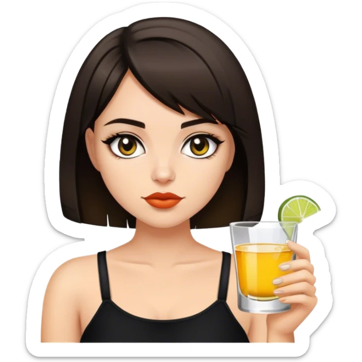 brunette girl with short bob with a shot of tequila wearing black sticker