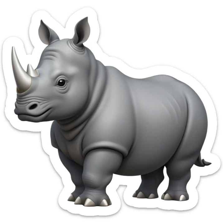 cinematic-rhino-full-body-standing-emoji,slate grey skin -massive-body-poised-powerfully,-thick-horn-curving-slightly-forward,-head-tilted-dramatically,-rough-grey-hide-covered-in-dust,-simplified-focused-features, sticker