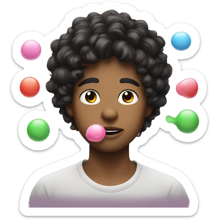 white teen boy with black curly hair blowing bubblegum in mouth sticker