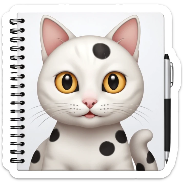 gatita blanca con manchas grandes negras en los ojos feliz en viendo una libreta con anillado sticker