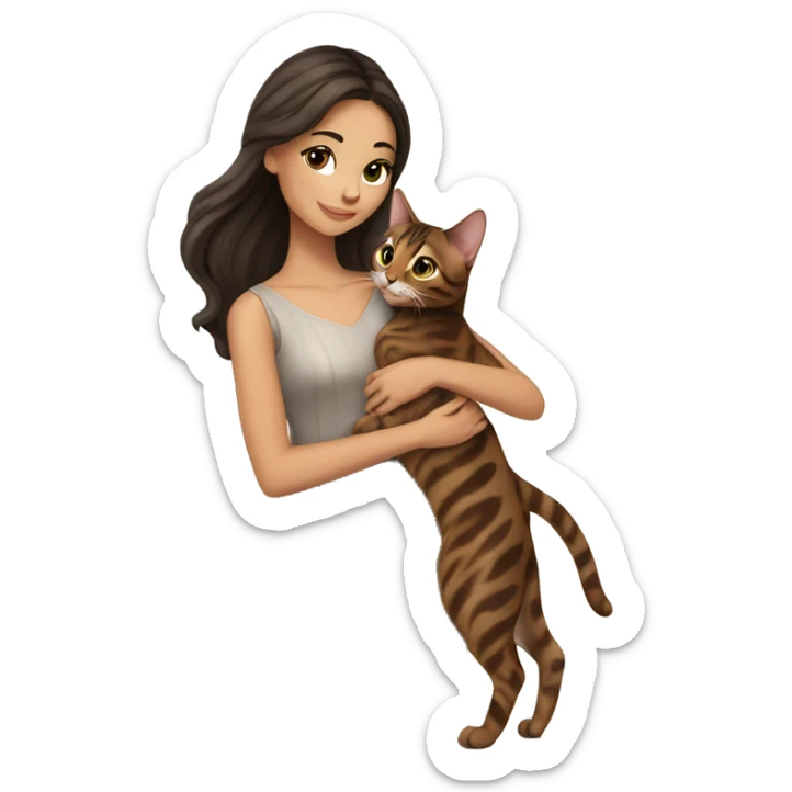 Beautiful skinny woman long dark brown hair in dress hug bengal cat sticker